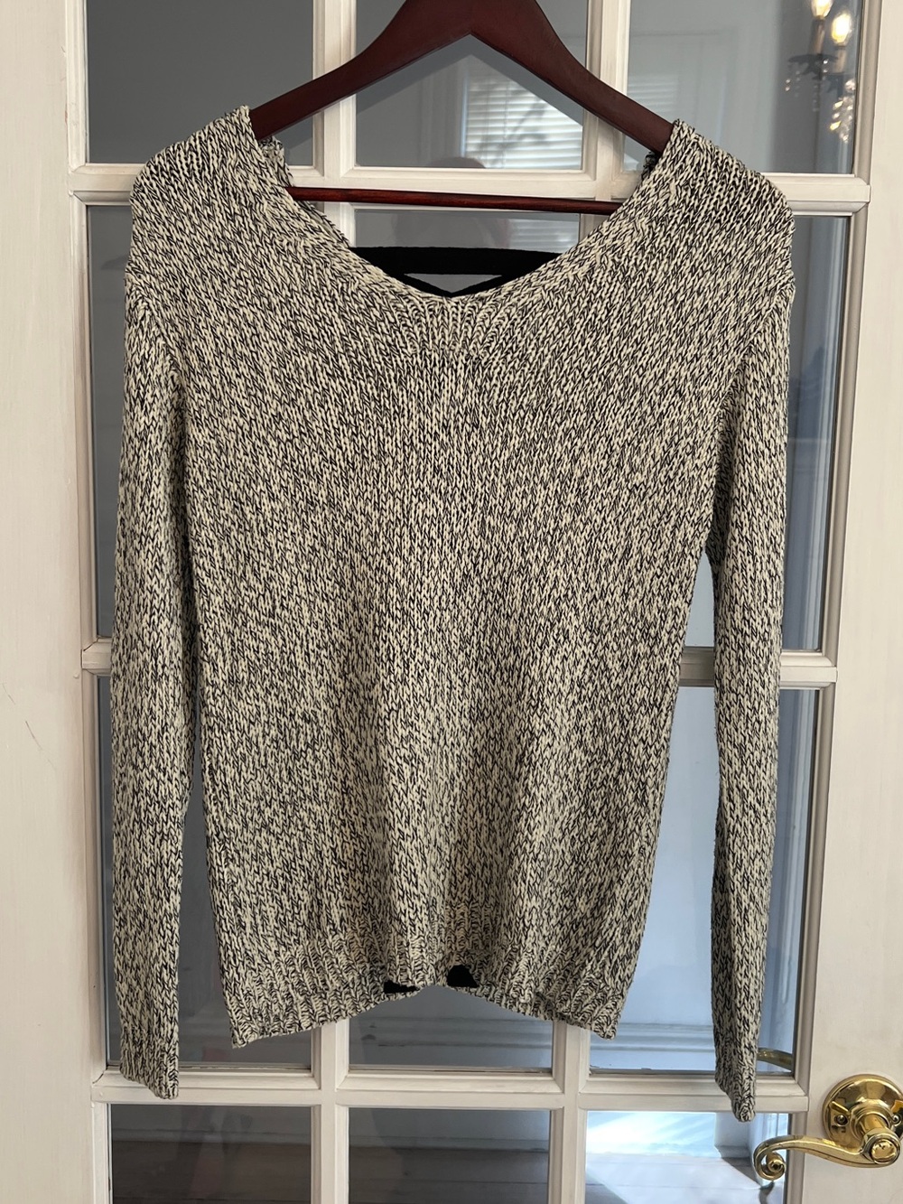 HARPER HERITAGE Women’s Marled Lace Up V Neck Knit Sweater Black White S